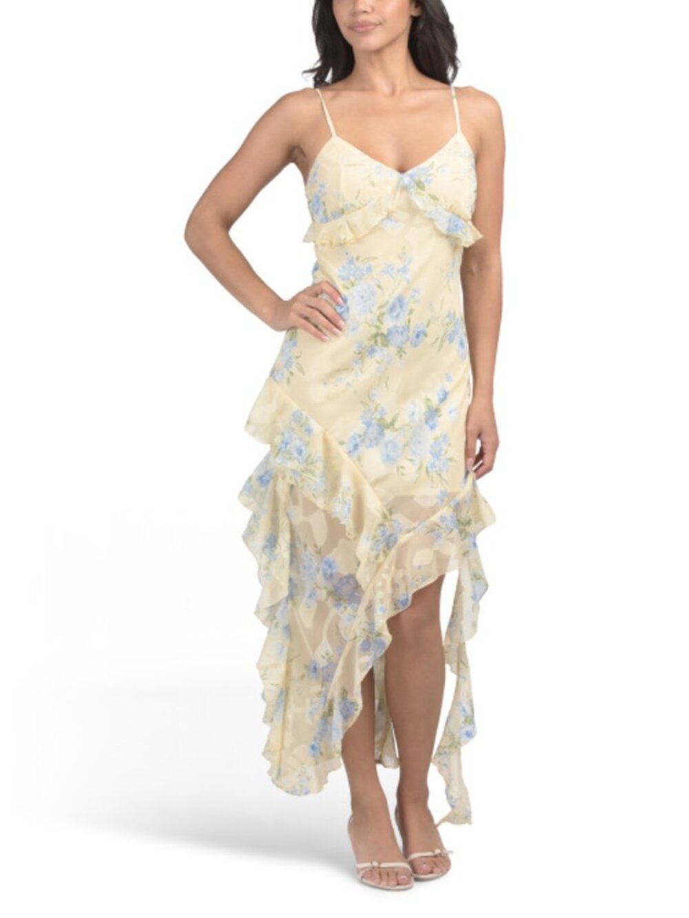 THIRTY THIRTY Floral Printed Satin Ruffle Hi-lo Maxi Dress